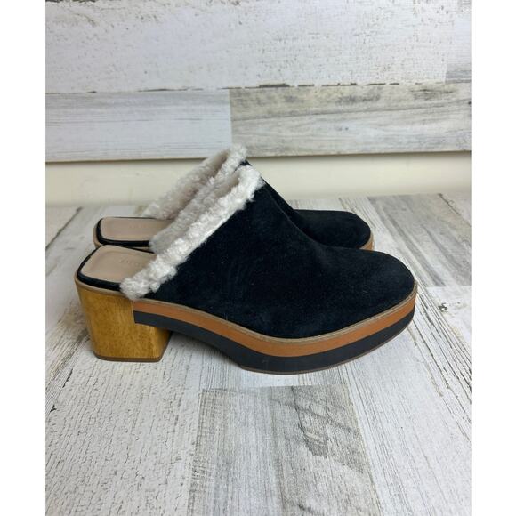 Bernardo Women’s 8.5 Sky Black Suede Shearling Platform Clogs Wooden Heel shoe - Picture 2 of 8